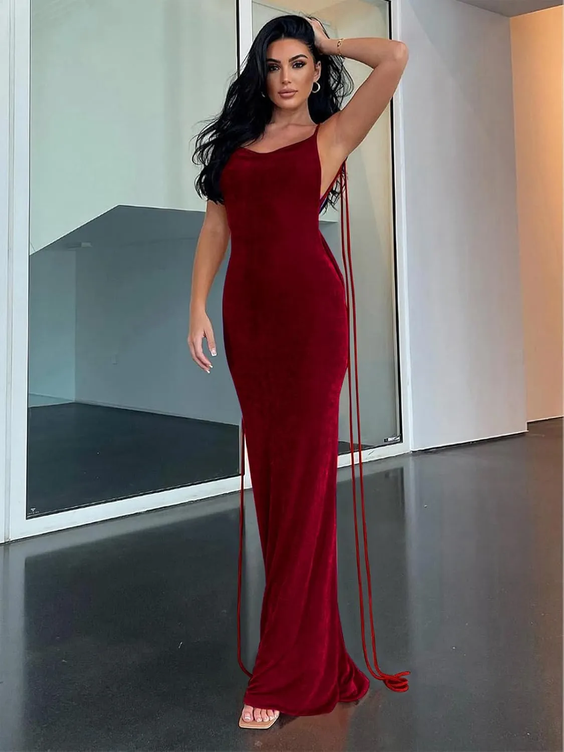Womens 2025 Summer Backless Bodycon Maxi Dress Spaghetti Strap Halter Formal Cocktail Dresses Wedding Guest