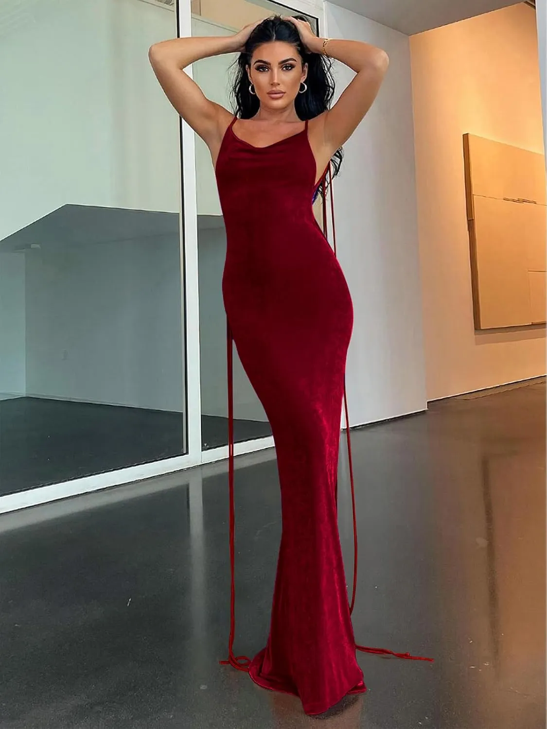 Womens 2025 Summer Backless Bodycon Maxi Dress Spaghetti Strap Halter Formal Cocktail Dresses Wedding Guest
