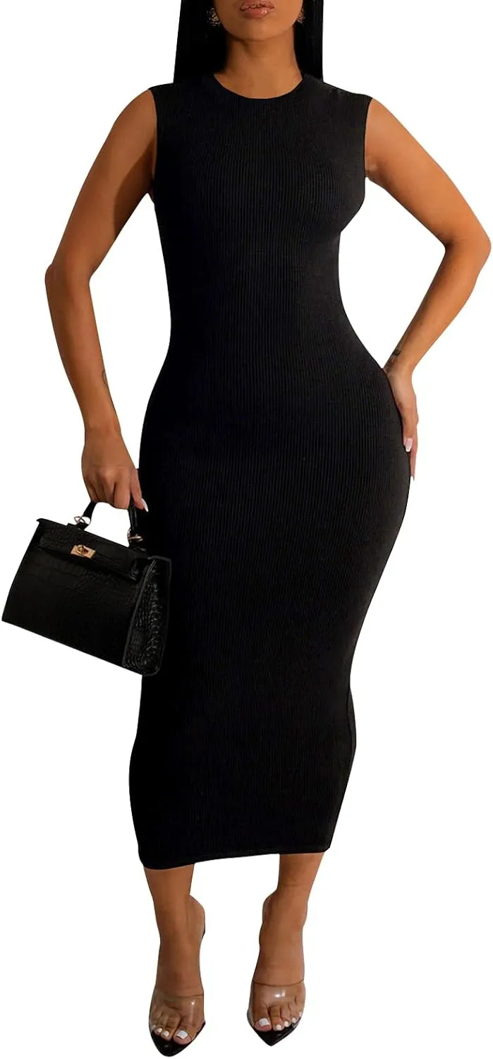 Women's Basic Round Neck Sleeveless Ribbed Bodycon Maxi Dress Casual Summer Tank Top Long Dresses
