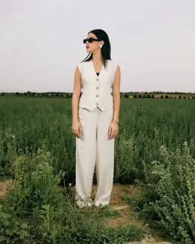 Women's Pure Linen Blazer Vest Set - Pink Beige, Elegant Two-Piece Outfit, Made in Egypt