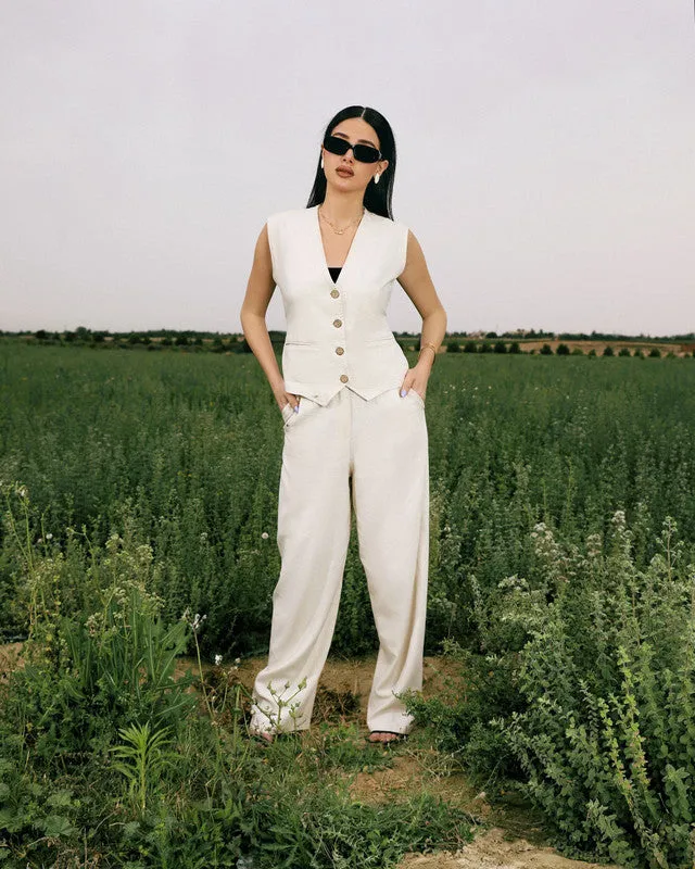 Women's Pure Linen Blazer Vest Set - Pink Beige, Elegant Two-Piece Outfit, Made in Egypt