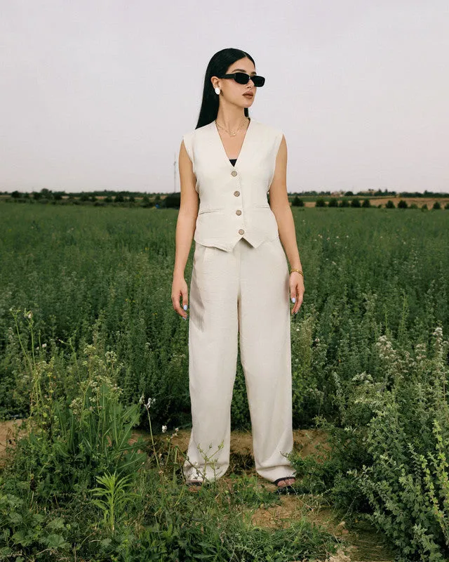 Women's Pure Linen Blazer Vest Set - Pink Beige, Elegant Two-Piece Outfit, Made in Egypt
