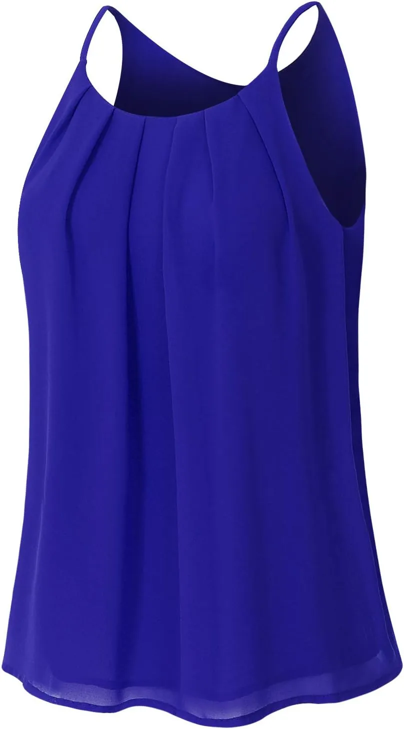 Women's Round Neck Pleated Double Layered Chiffon Cami Tank Top (S~3XL)