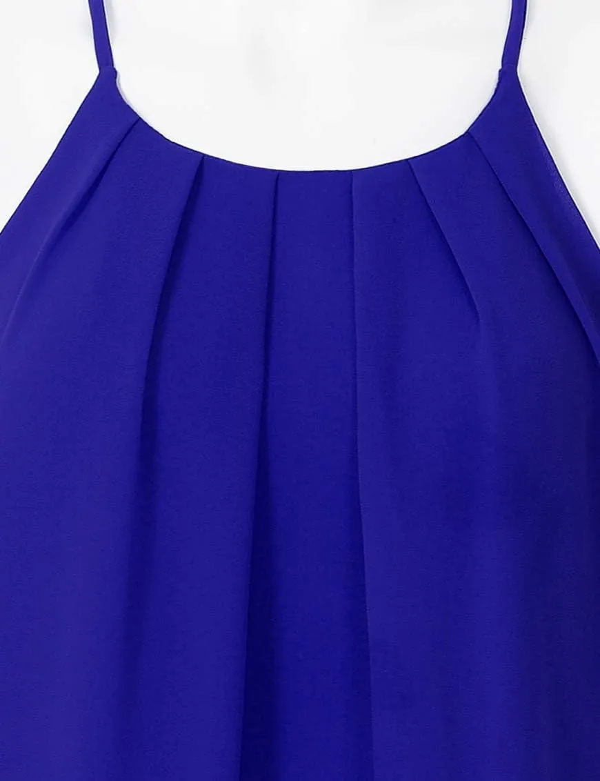 Women's Round Neck Pleated Double Layered Chiffon Cami Tank Top (S~3XL)