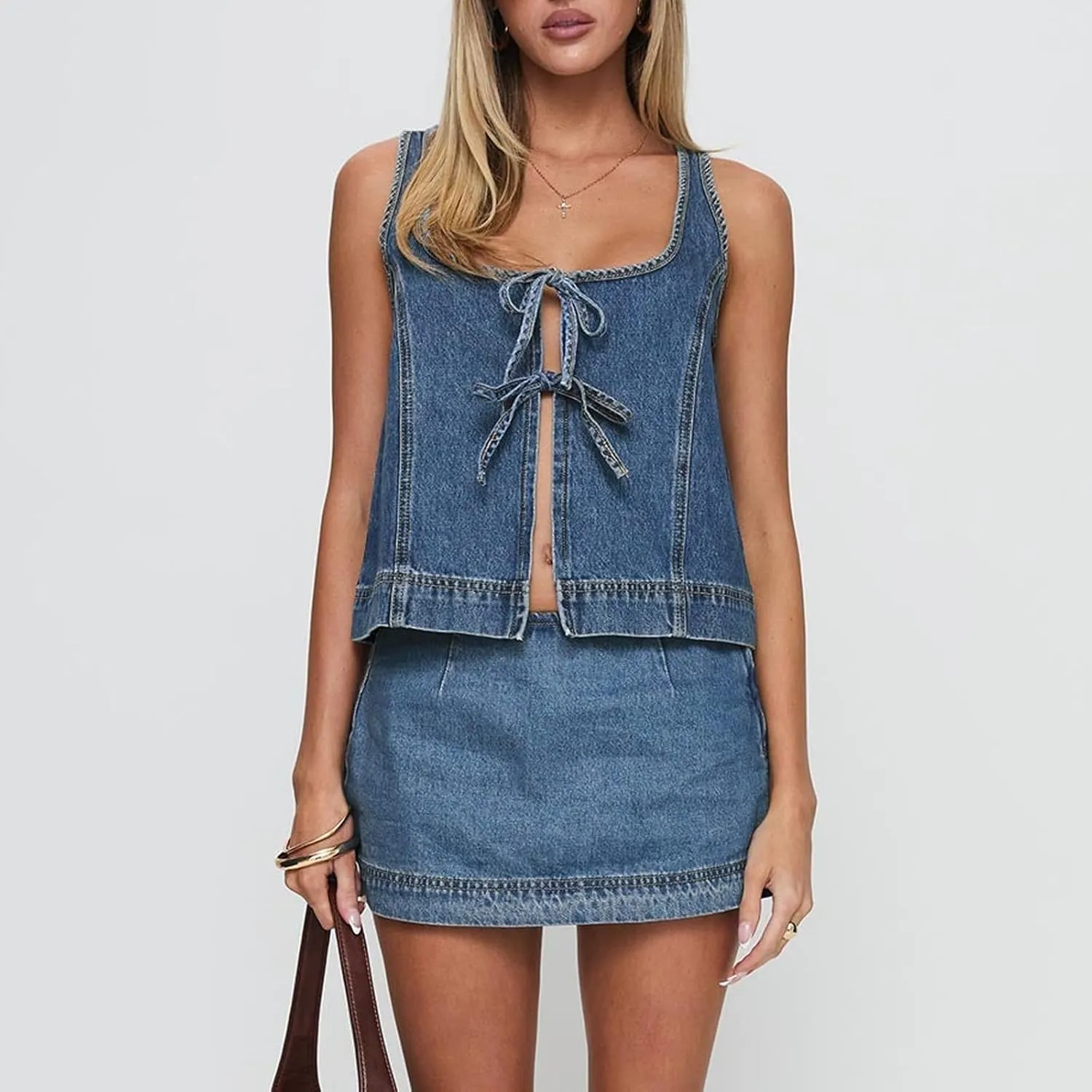 Womens Tie Front Denim Jean Vest Top and Mini Skirt 2-Piece Set Summer Trendy Going Out Outfits Clothes 2025