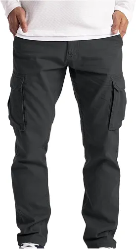 Ymosrh Mens Large Tall Pants Men's Slim Fashion Solid Color Casual Pants Multi Pocket Straight Cargo Pants Stretch