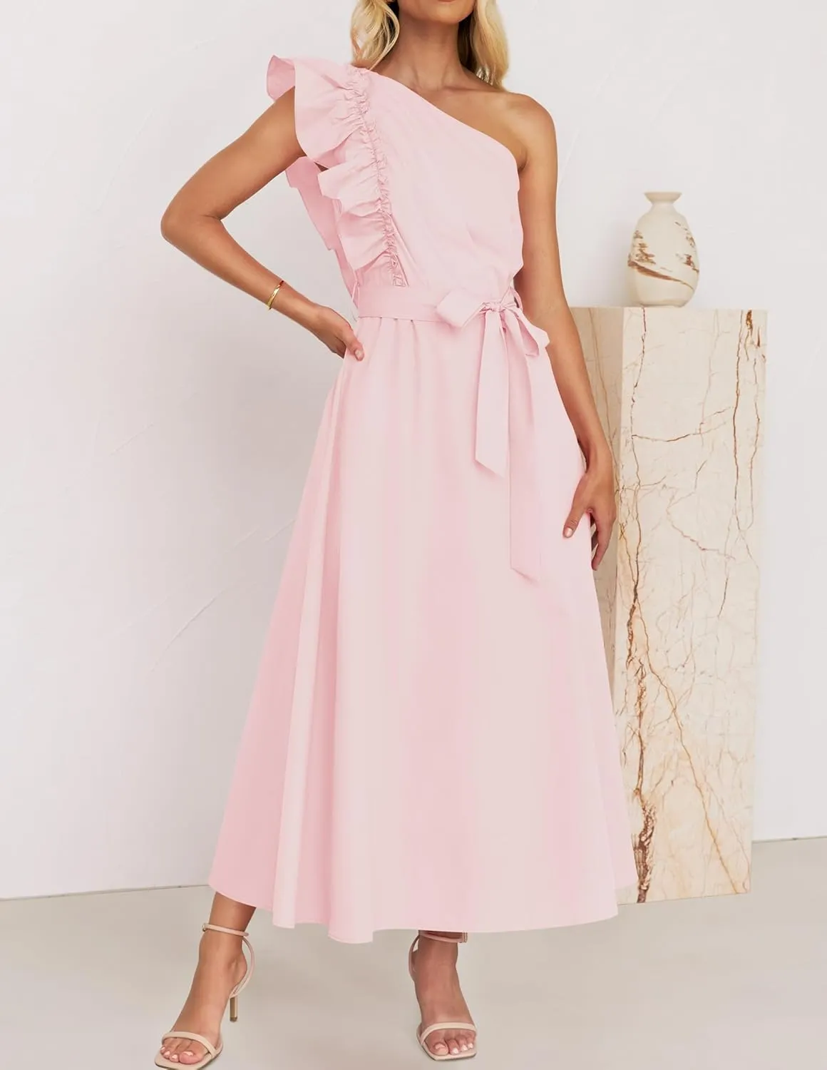 ZESICA Women's 2025 Summer One Shoulder Ruffle Dress Sleeveless Empire Waist Boho Flowy Maxi Dresses