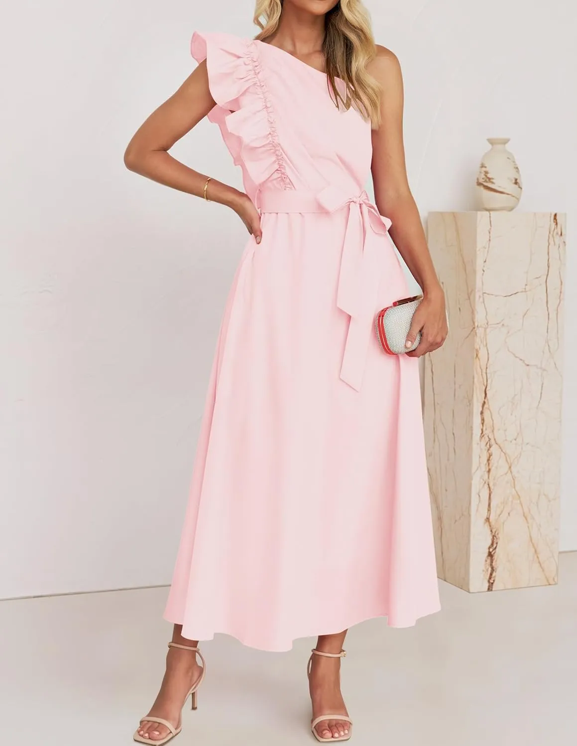 ZESICA Women's 2025 Summer One Shoulder Ruffle Dress Sleeveless Empire Waist Boho Flowy Maxi Dresses