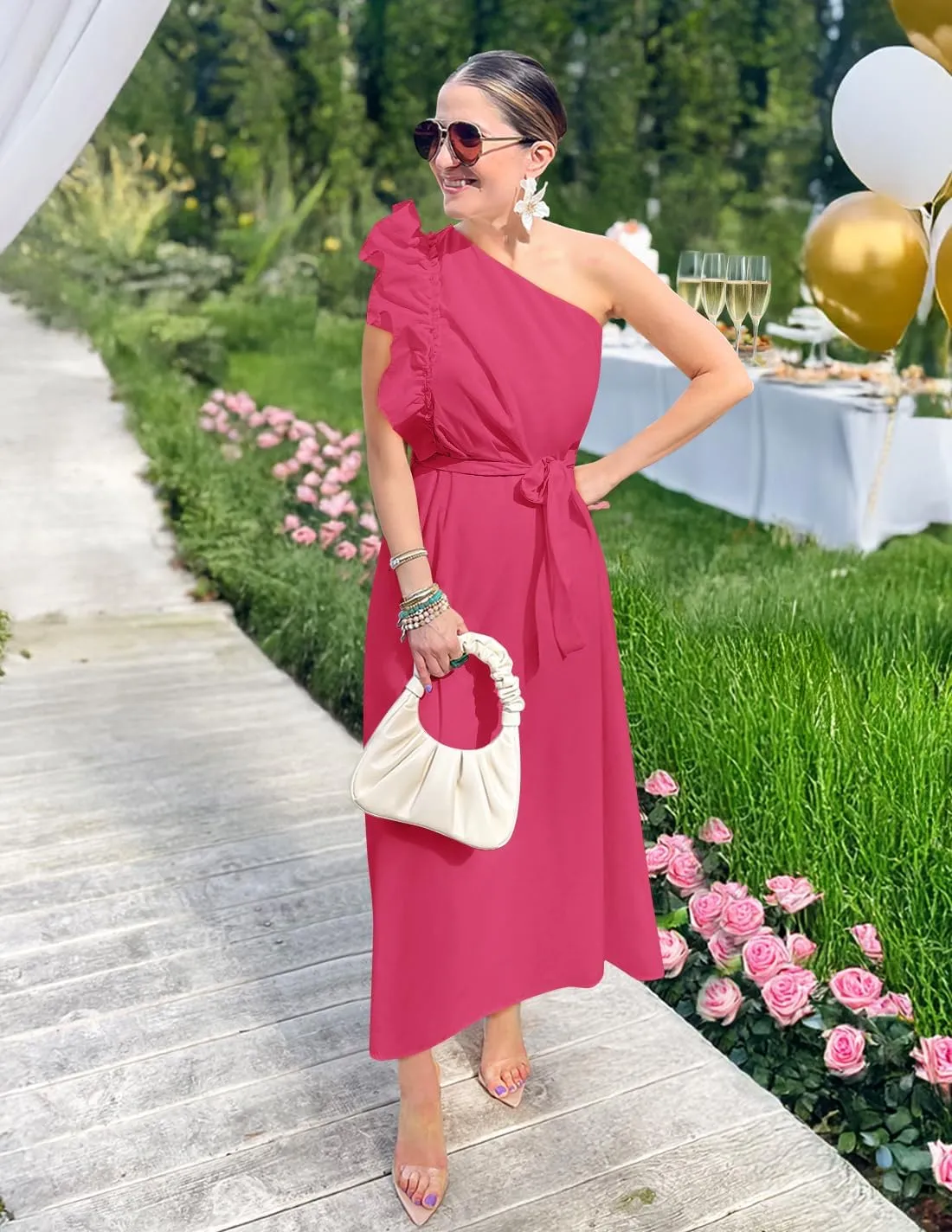 ZESICA Women's 2025 Summer One Shoulder Ruffle Dress Sleeveless Empire Waist Boho Flowy Maxi Dresses
