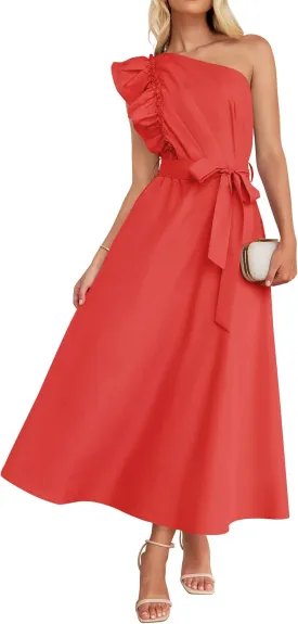 ZESICA Women's 2025 Summer One Shoulder Ruffle Dress Sleeveless Empire Waist Boho Flowy Maxi Dresses