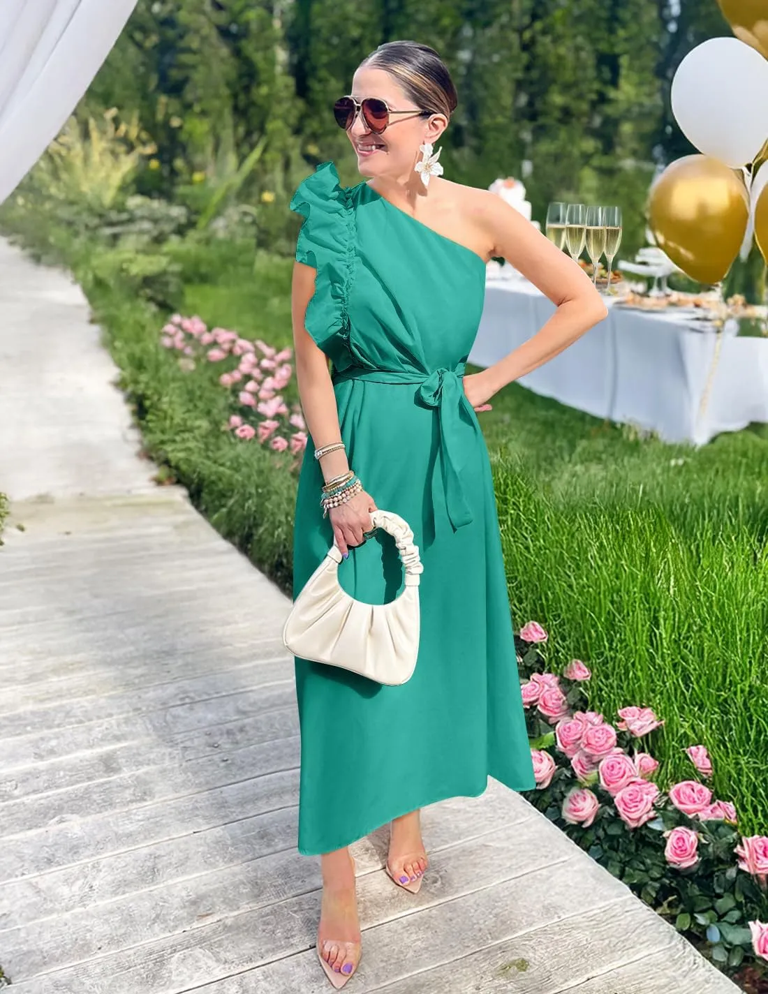 ZESICA Women's 2025 Summer One Shoulder Ruffle Dress Sleeveless Empire Waist Boho Flowy Maxi Dresses
