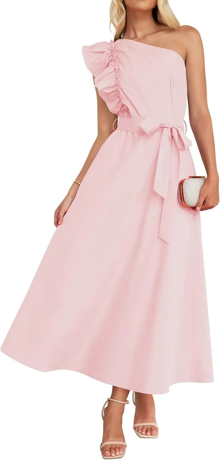 ZESICA Women's 2025 Summer One Shoulder Ruffle Dress Sleeveless Empire Waist Boho Flowy Maxi Dresses