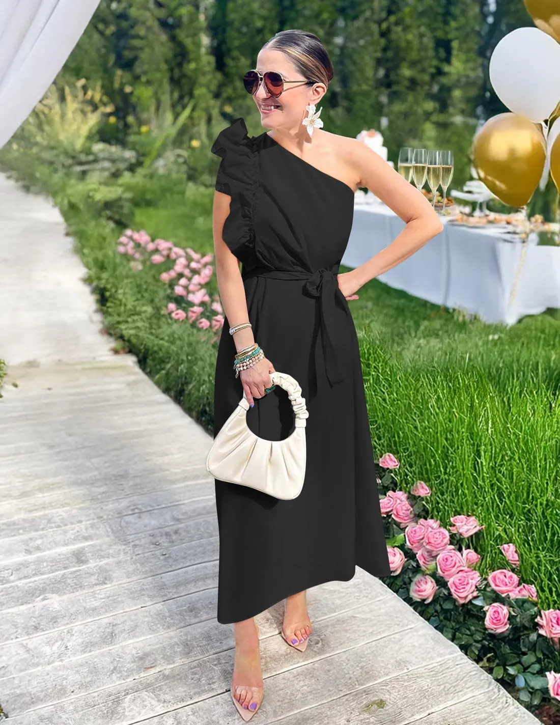 ZESICA Women's 2025 Summer One Shoulder Ruffle Dress Sleeveless Empire Waist Boho Flowy Maxi Dresses