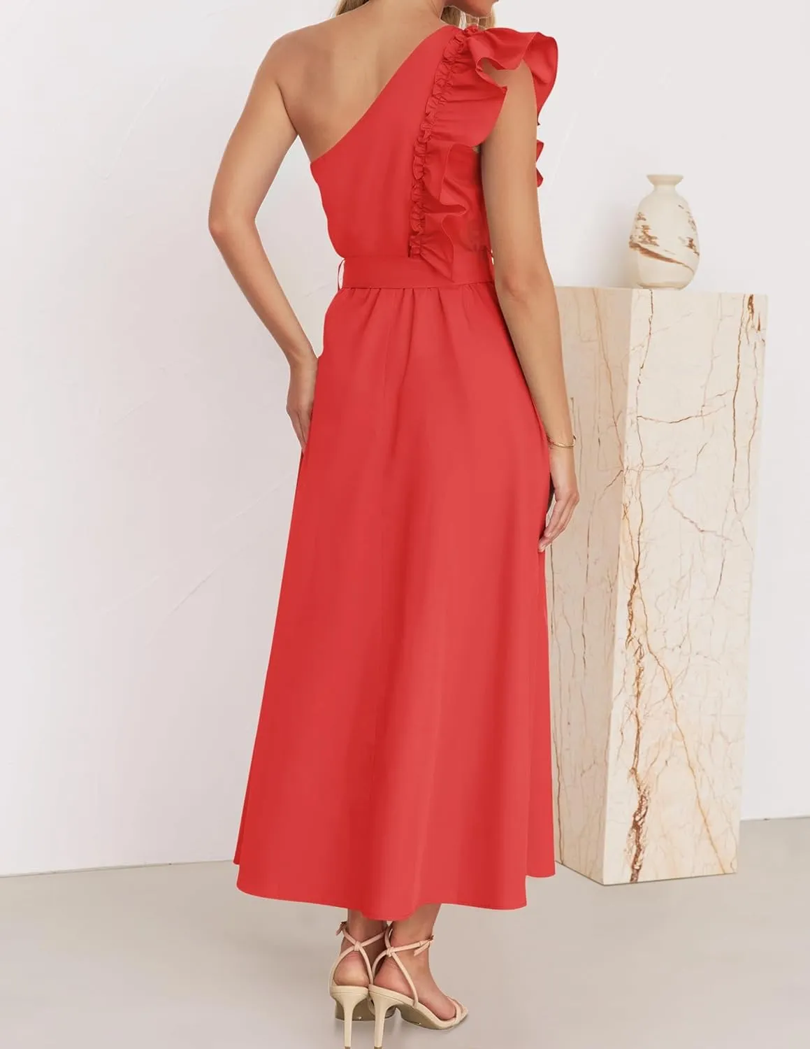 ZESICA Women's 2025 Summer One Shoulder Ruffle Dress Sleeveless Empire Waist Boho Flowy Maxi Dresses