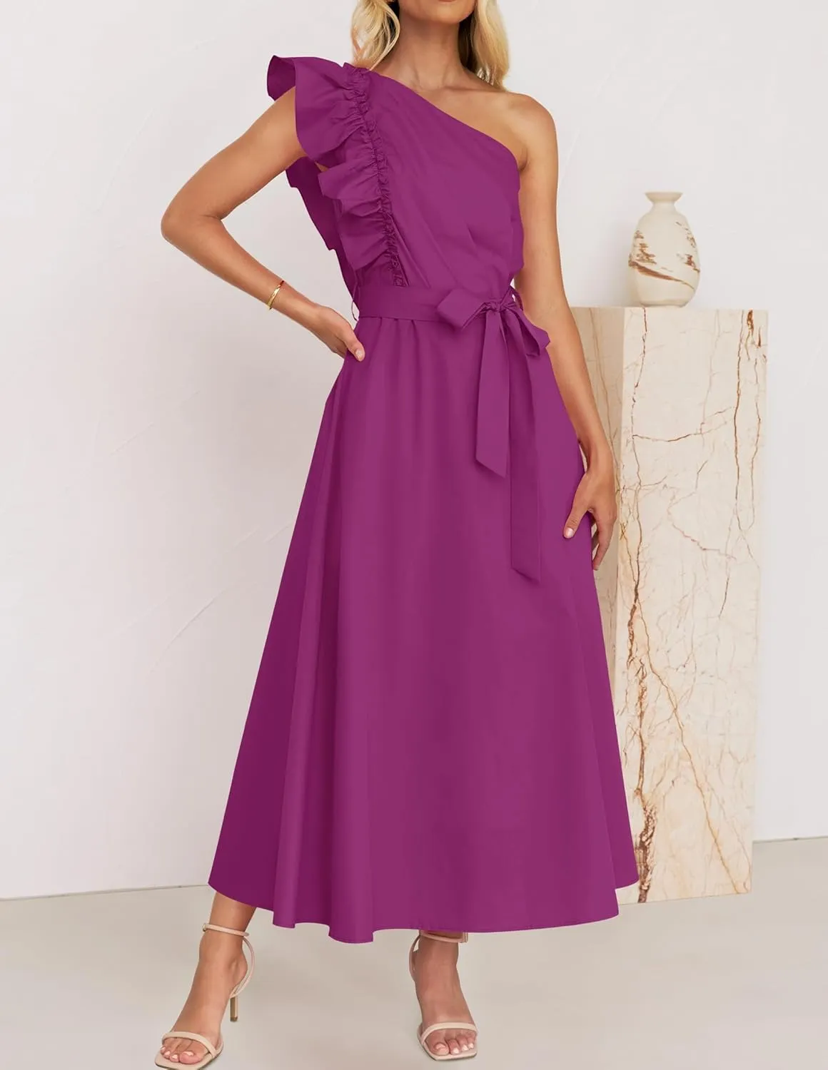 ZESICA Women's 2025 Summer One Shoulder Ruffle Dress Sleeveless Empire Waist Boho Flowy Maxi Dresses