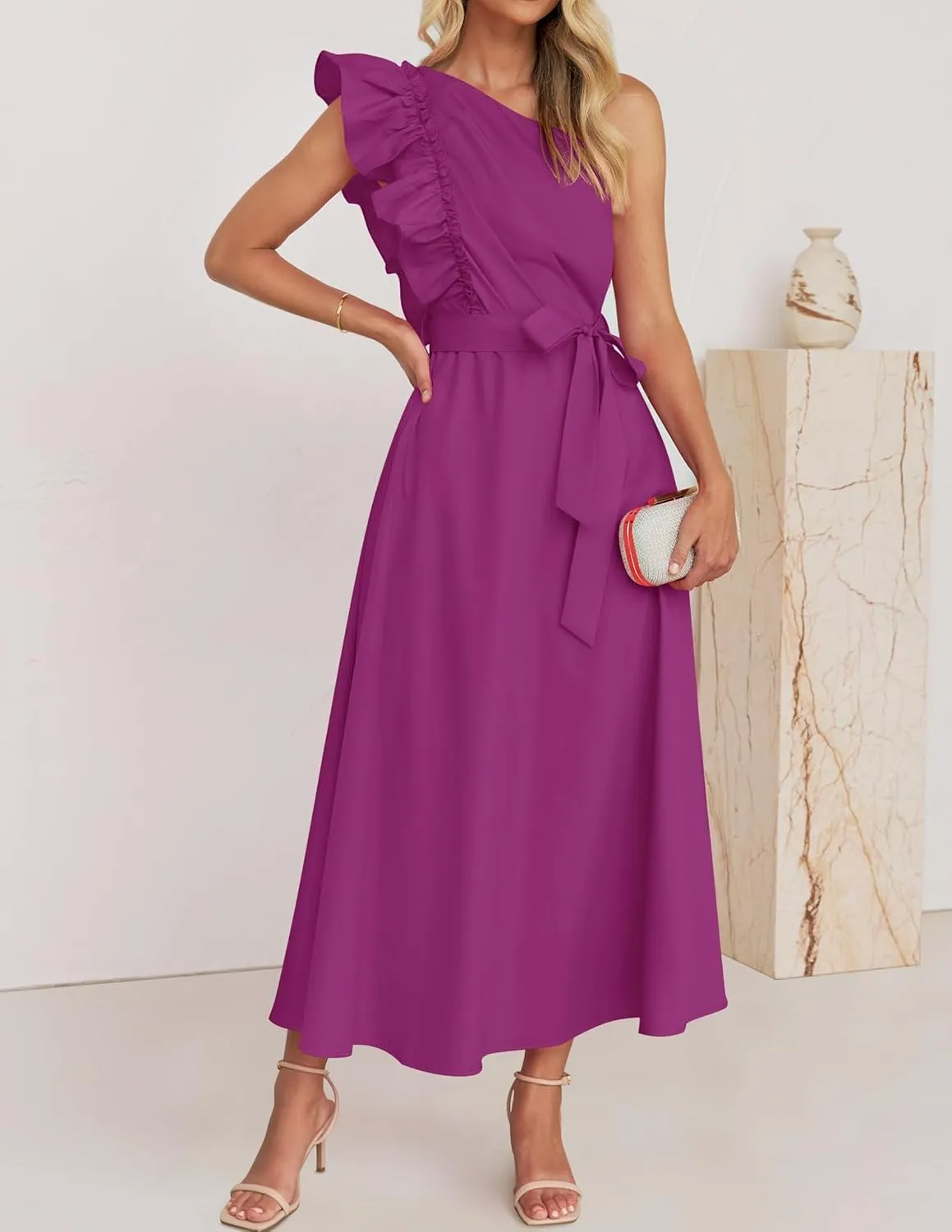 ZESICA Women's 2025 Summer One Shoulder Ruffle Dress Sleeveless Empire Waist Boho Flowy Maxi Dresses