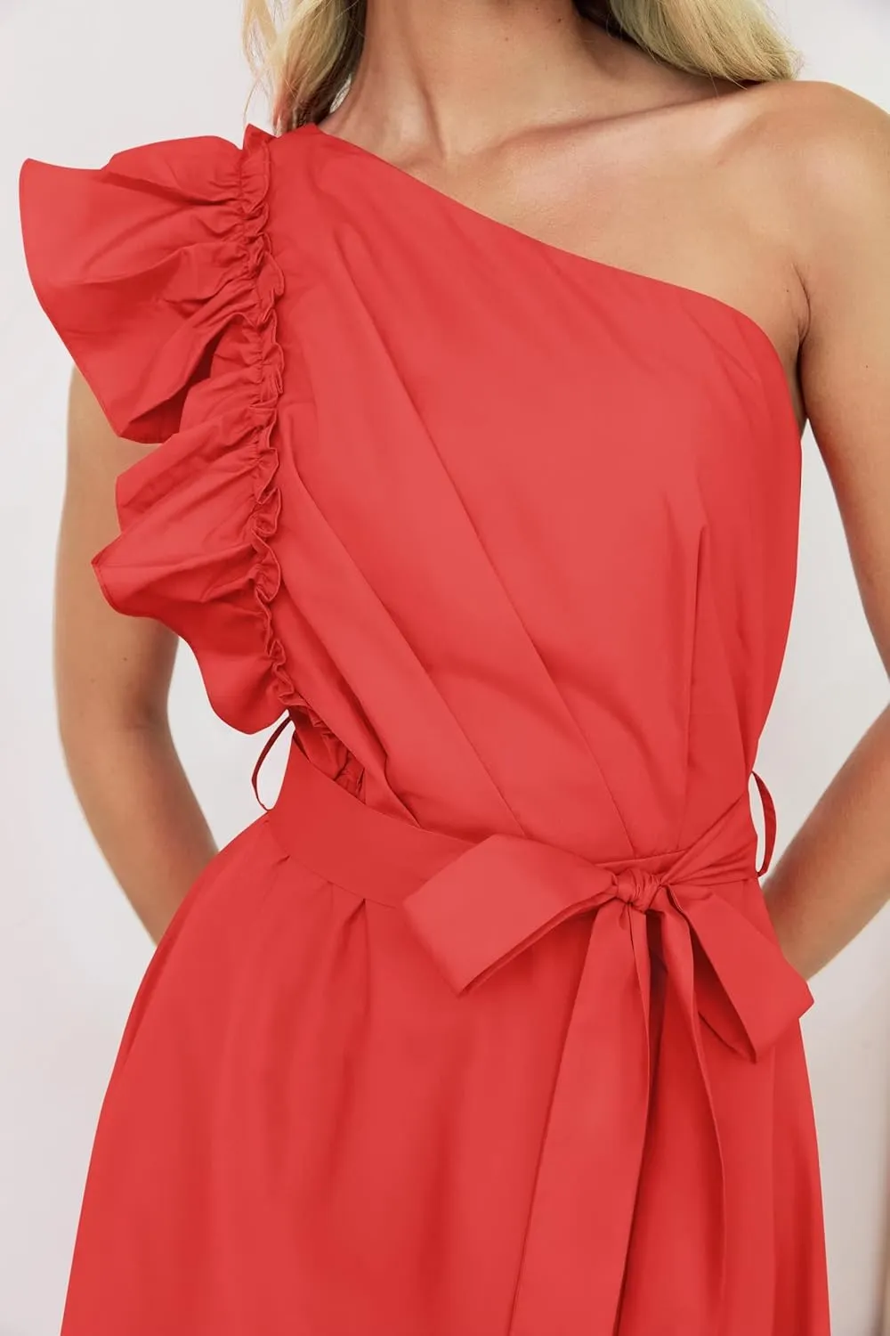 ZESICA Women's 2025 Summer One Shoulder Ruffle Dress Sleeveless Empire Waist Boho Flowy Maxi Dresses