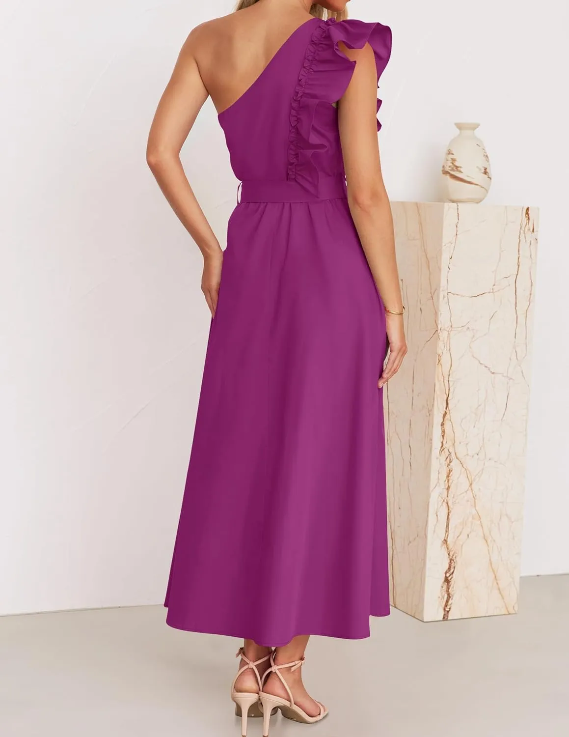 ZESICA Women's 2025 Summer One Shoulder Ruffle Dress Sleeveless Empire Waist Boho Flowy Maxi Dresses