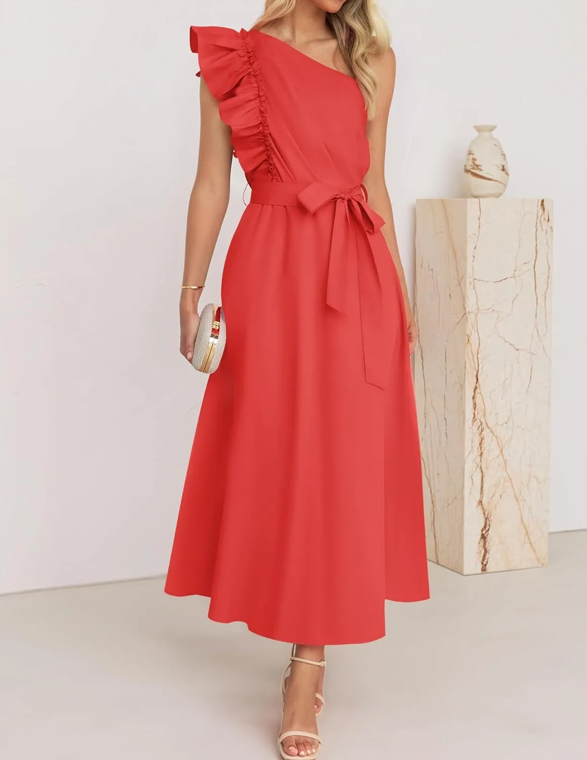 ZESICA Women's 2025 Summer One Shoulder Ruffle Dress Sleeveless Empire Waist Boho Flowy Maxi Dresses