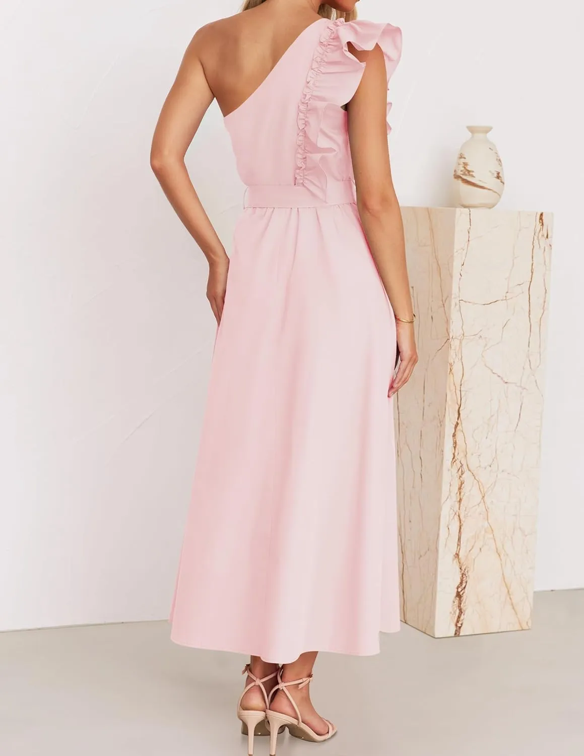 ZESICA Women's 2025 Summer One Shoulder Ruffle Dress Sleeveless Empire Waist Boho Flowy Maxi Dresses