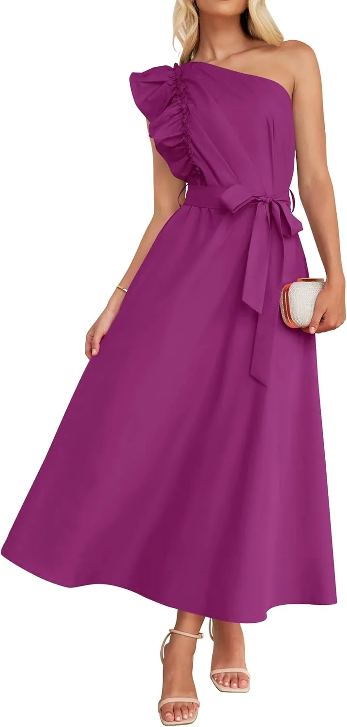 ZESICA Women's 2025 Summer One Shoulder Ruffle Dress Sleeveless Empire Waist Boho Flowy Maxi Dresses