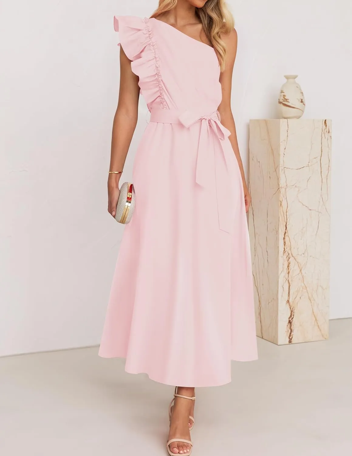 ZESICA Women's 2025 Summer One Shoulder Ruffle Dress Sleeveless Empire Waist Boho Flowy Maxi Dresses