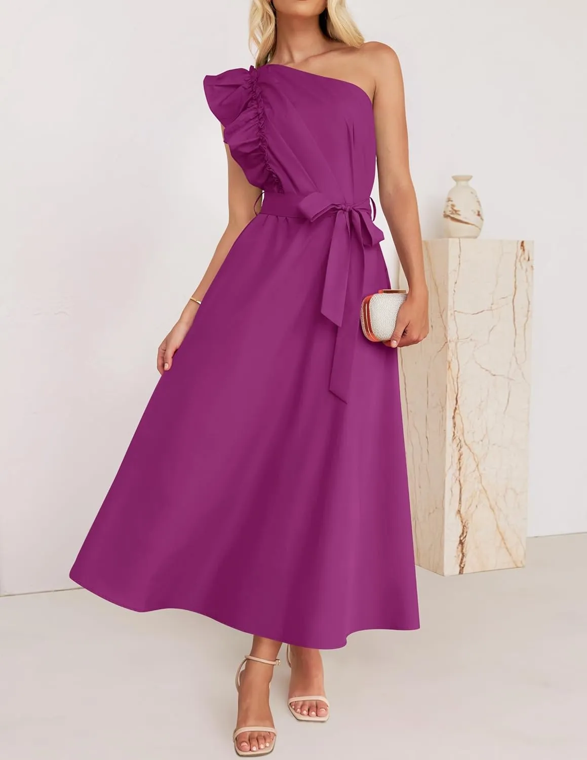 ZESICA Women's 2025 Summer One Shoulder Ruffle Dress Sleeveless Empire Waist Boho Flowy Maxi Dresses