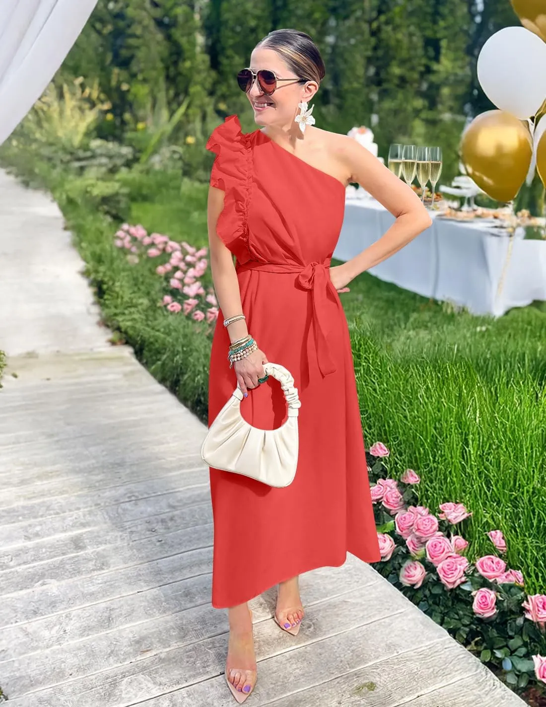 ZESICA Women's 2025 Summer One Shoulder Ruffle Dress Sleeveless Empire Waist Boho Flowy Maxi Dresses