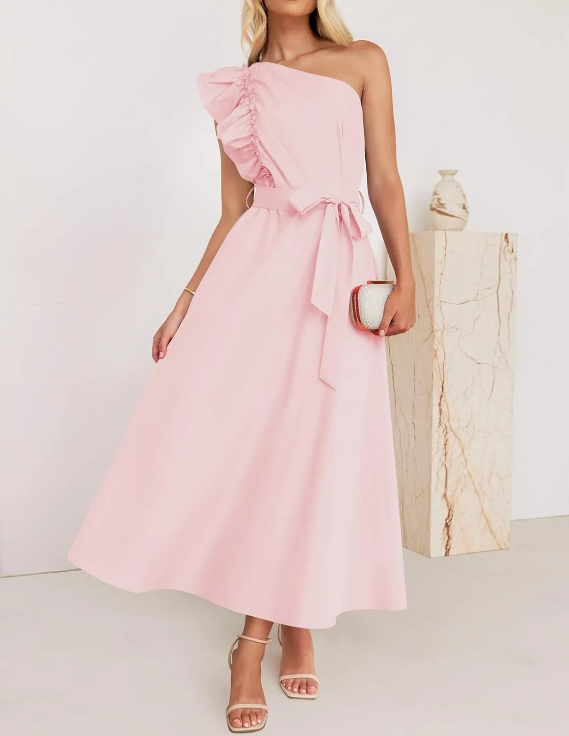 ZESICA Women's 2025 Summer One Shoulder Ruffle Dress Sleeveless Empire Waist Boho Flowy Maxi Dresses
