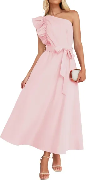 ZESICA Women's 2025 Summer One Shoulder Ruffle Dress Sleeveless Empire Waist Boho Flowy Maxi Dresses