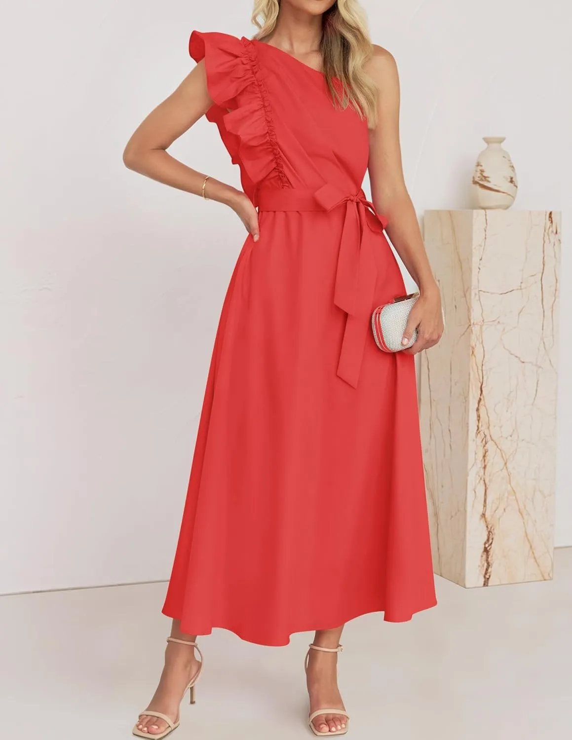 ZESICA Women's 2025 Summer One Shoulder Ruffle Dress Sleeveless Empire Waist Boho Flowy Maxi Dresses