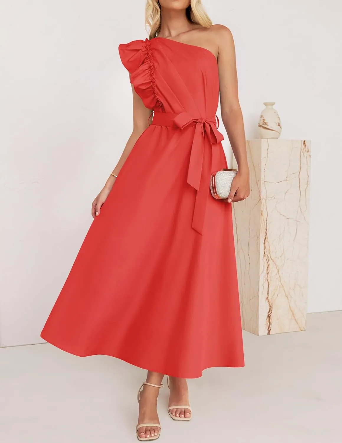 ZESICA Women's 2025 Summer One Shoulder Ruffle Dress Sleeveless Empire Waist Boho Flowy Maxi Dresses