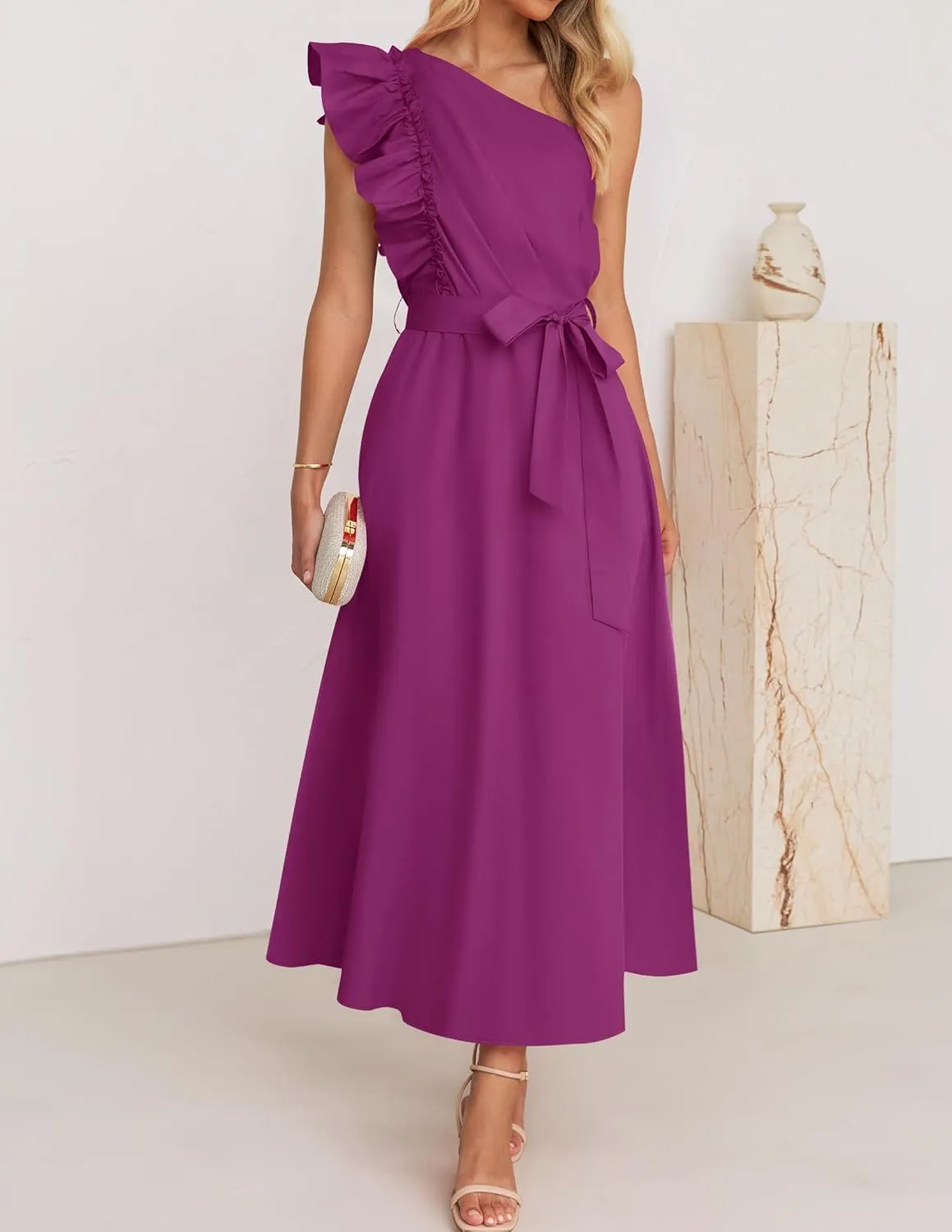 ZESICA Women's 2025 Summer One Shoulder Ruffle Dress Sleeveless Empire Waist Boho Flowy Maxi Dresses