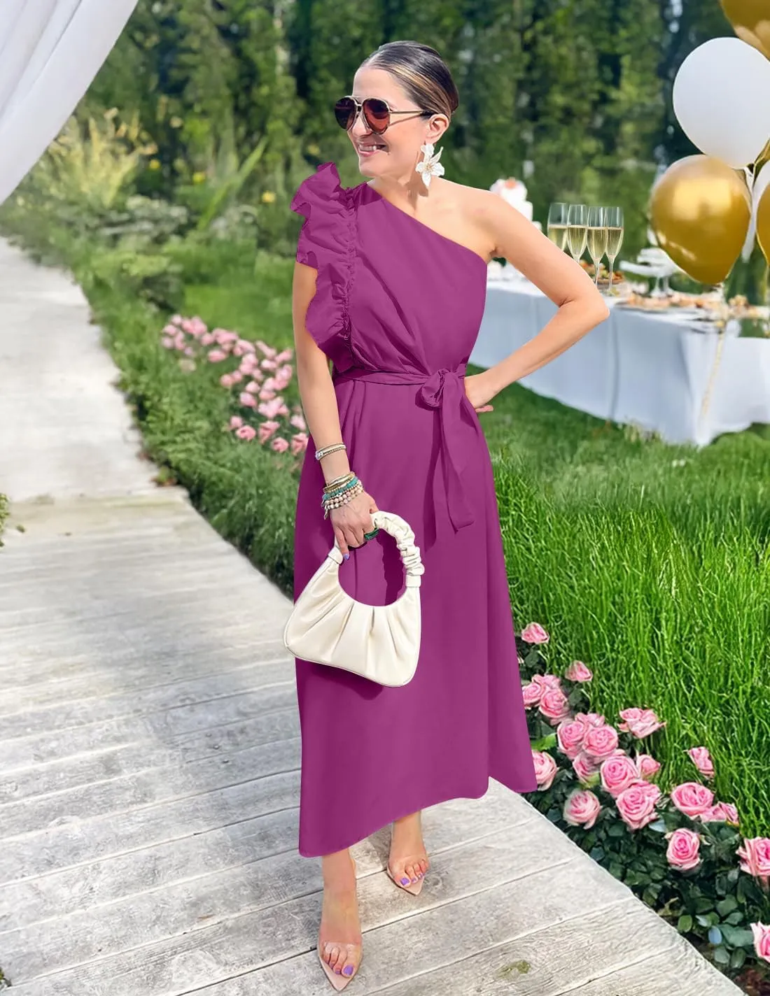 ZESICA Women's 2025 Summer One Shoulder Ruffle Dress Sleeveless Empire Waist Boho Flowy Maxi Dresses