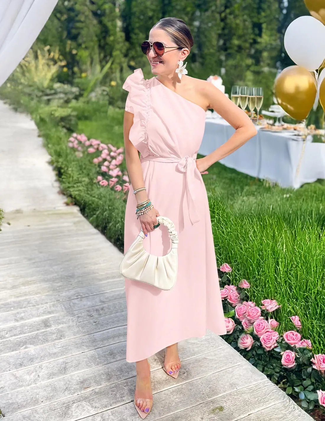 ZESICA Women's 2025 Summer One Shoulder Ruffle Dress Sleeveless Empire Waist Boho Flowy Maxi Dresses